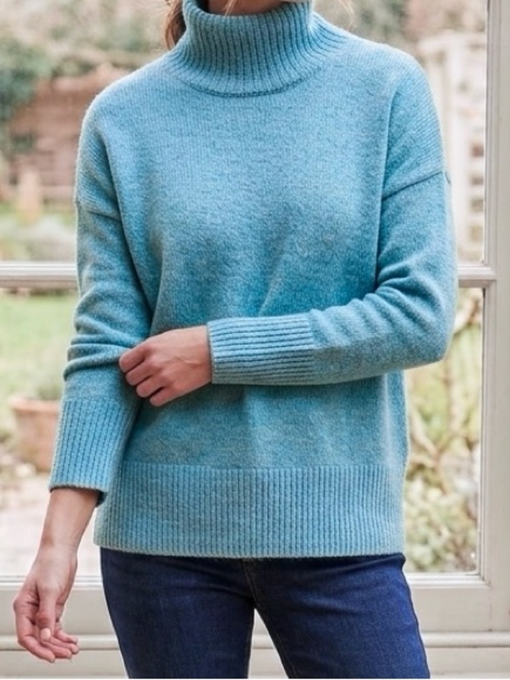 LOFT Aqua Light Blue Wool Blend Turtleneck Sweater Sz S Cozy Ribbed Knit EUC